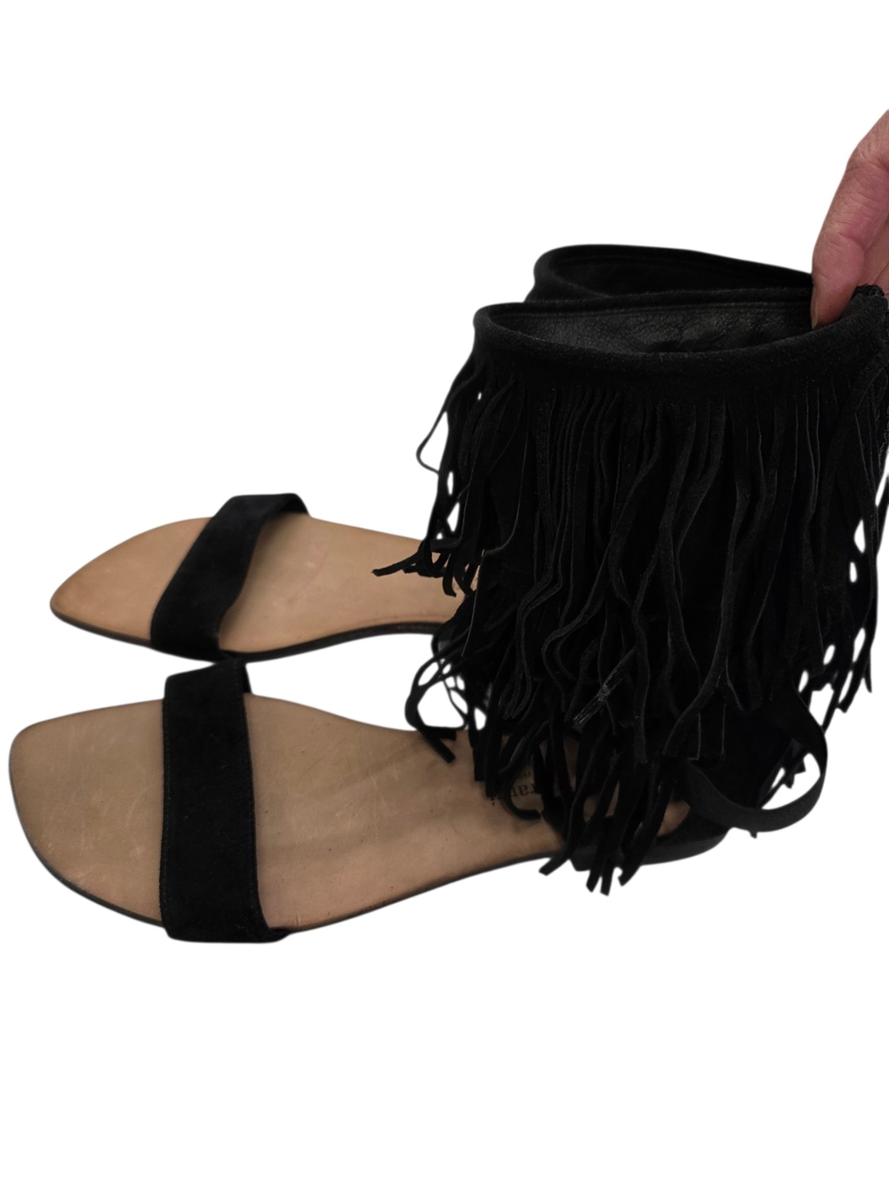 Vincenzo Sopranzi Italian Suede Boho Fringe Western Mid Ankle-Strap Flat Sandals - Picture 2 of 9